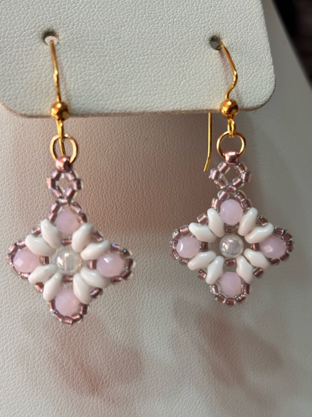 Artisan Pink & White Beaded Drop Pierced Earrings 2 inches